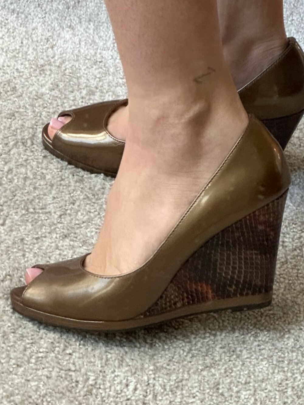 Donald J. Pliner - Bronze Patent Peep-Toe Wedge Heels - Size 8